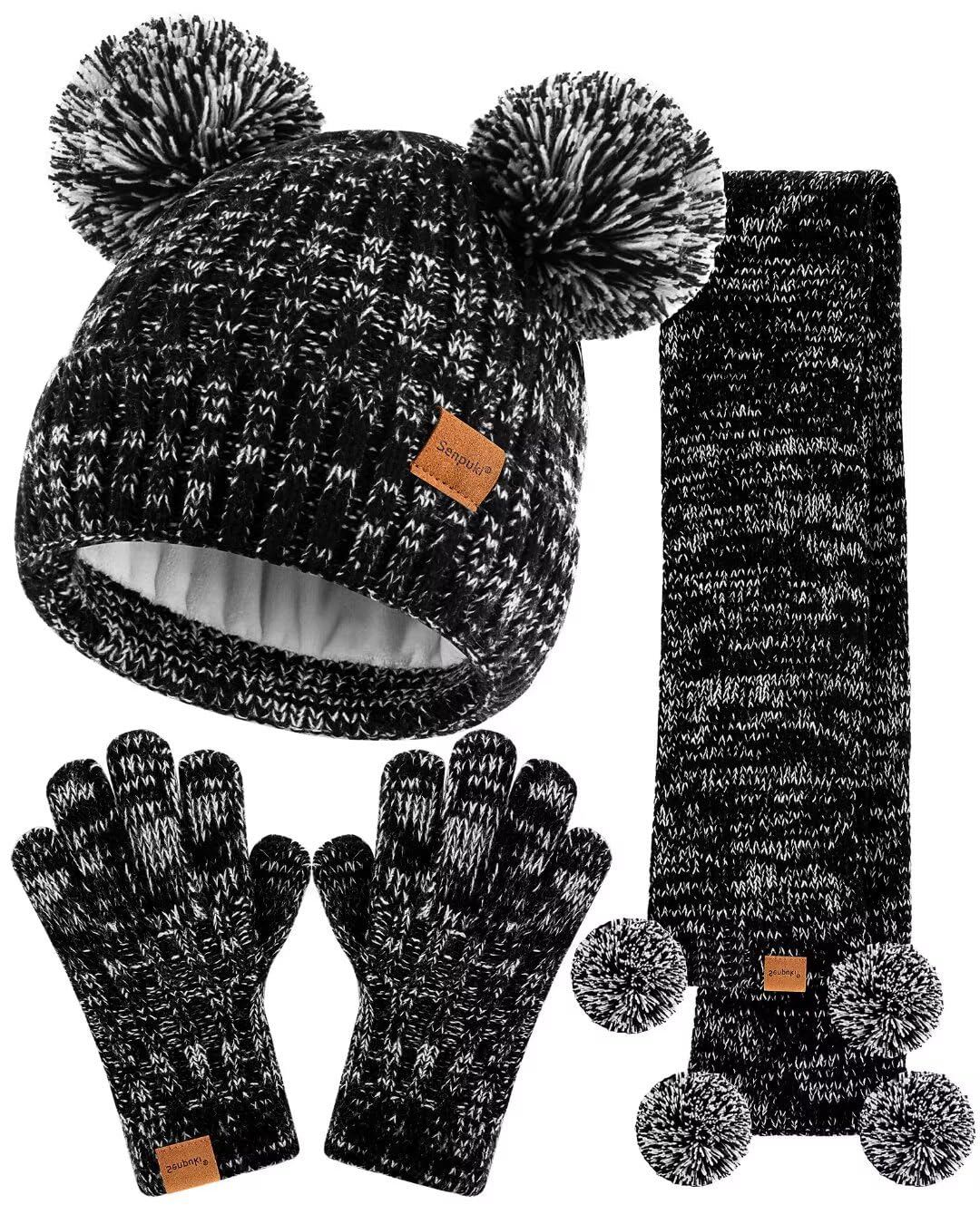 Kids Winter Hat Gloves Scarf Set, Girls Toddler Children Beanie with Pom Knit Neck Warmer Gaiter Mittens Fleece Lined Set