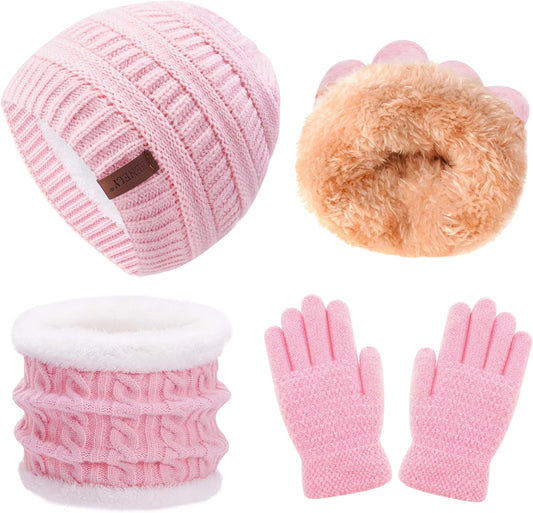 3Pcs Kids Winter Beanie Hat Scarf Gloves Set for 2-6-10-14 Years Old Boys Girls, Knit Thick Warm Fleece Lined Thermal Sets