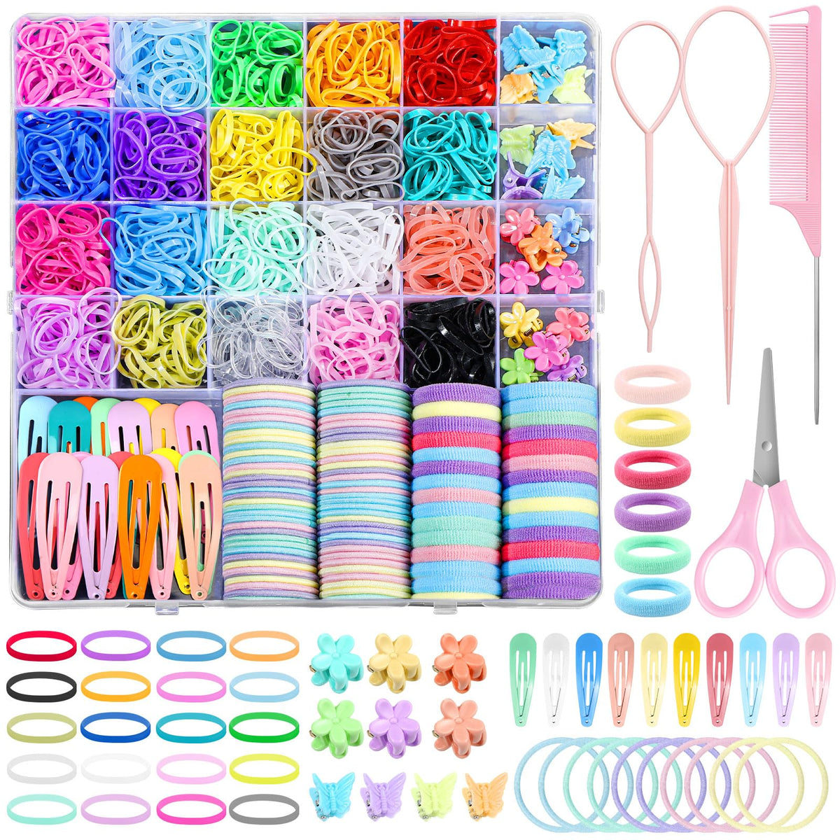 Auroray 32 Colors Small Hair Rubber Bands with 16 Styling Tools, 2000 Pcs Elastic Girl Baby Hair Ties, Mini Bands with Elastic Cutter, Hair Accessories Xmas Stuff for Girls Baby Toddlers Kids