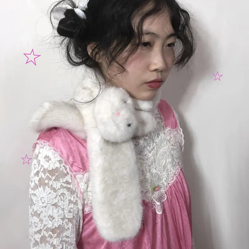 Women's Cartoonish Cute Rabbit Modelling Mock Mink Hair Warm Scarf - 85x10cm, One Size Home Decor Statue Accessory with Warmth, Black White Accent