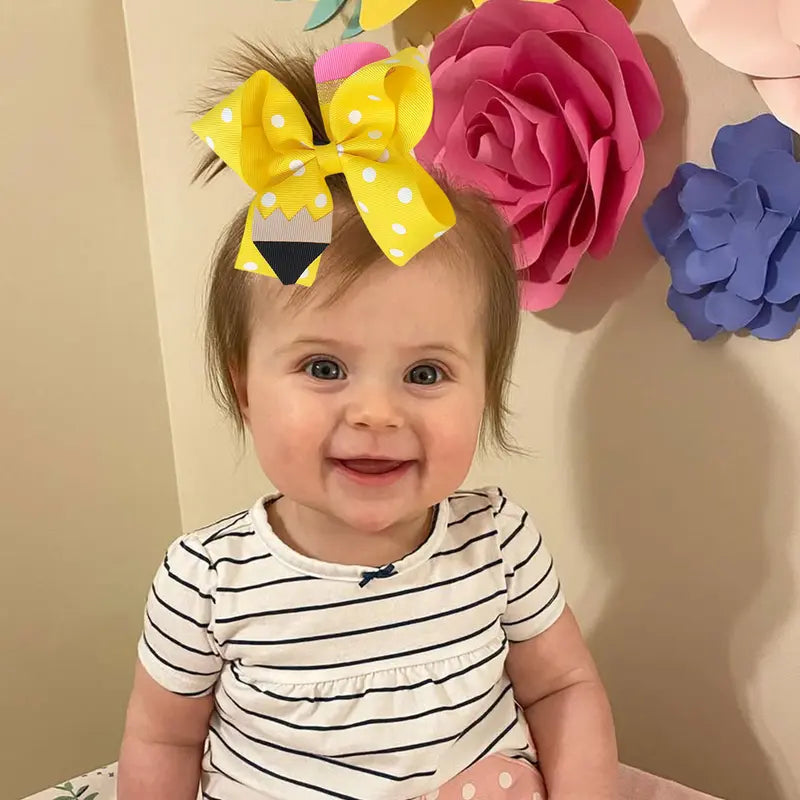 JoyBowie Kids' 6 Polka Dot Bows 4.5 Inches Dot Print Knit Hair Accessories Sets, Pencil-Themed 4-5 Years Back-to-School Playful Headpieces for Hair Styling
