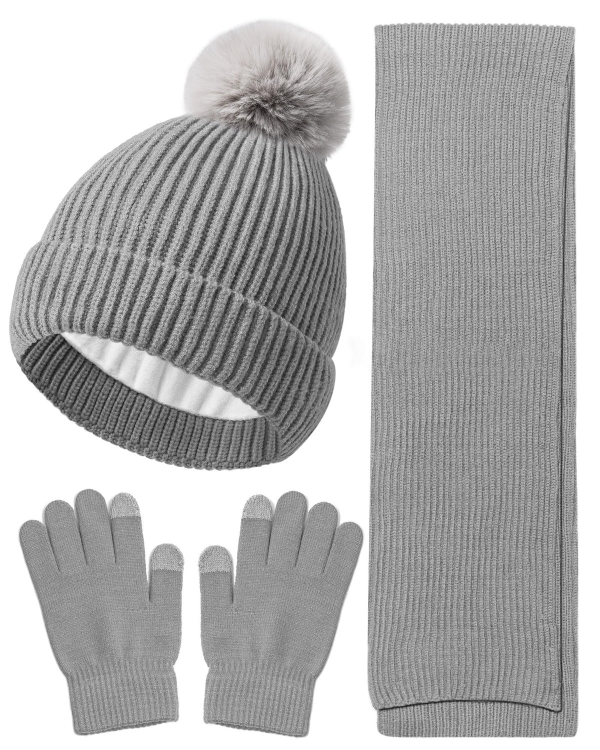 Wandx Kids Winter Hat Gloves Scarf Set Children Pompom Knit Beanie Warm Gloves with Thick Fleece for Boys Girls Ages 4-12