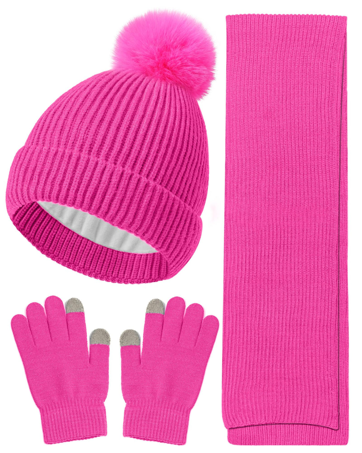 Wandx Kids Winter Hat Gloves Scarf Set Children Pompom Knit Beanie Warm Gloves with Thick Fleece for Boys Girls Ages 4-12