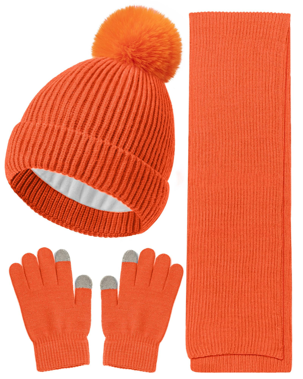 Wandx Kids Winter Hat Gloves Scarf Set Children Pompom Knit Beanie Warm Gloves with Thick Fleece for Boys Girls Ages 4-12