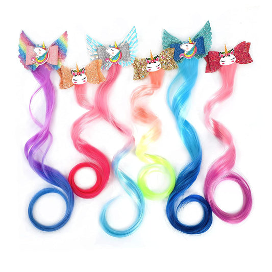6-Colors Unicorn Hair Bows Clips Hair Accessories For Girls Kids Glitter Braided Curly Gradient Color Wig Hair Extensions（6PCS)