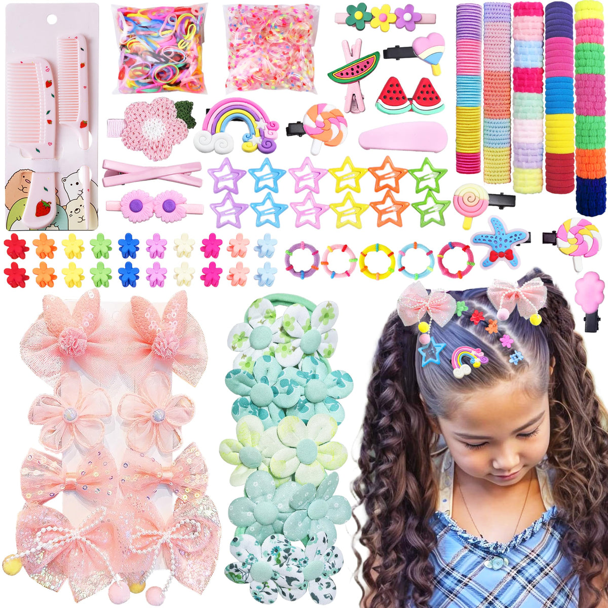 900Pcs Hair Accessories for Girls with 3-Tier Pink Organizers,Ties, Clips