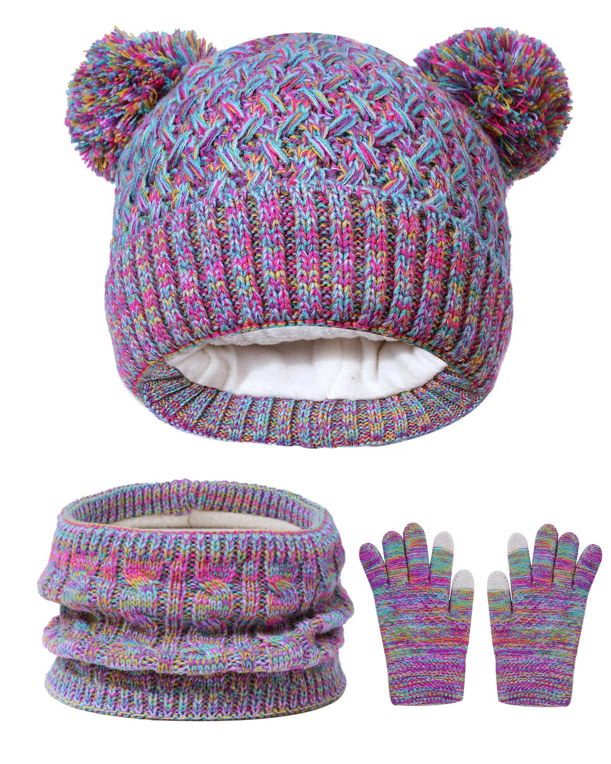 Girls Winter Set,Kids 2-14 Beanie Cap Pom Neck Warmer Gaiter Fleece Lined