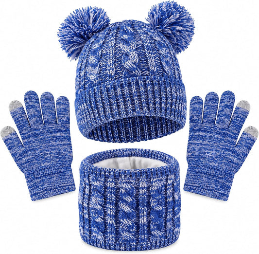 Kids Winter Hat Scarf Gloves Set - Pom Beanie Fleece-Lined Neck Warmer 3-8Y