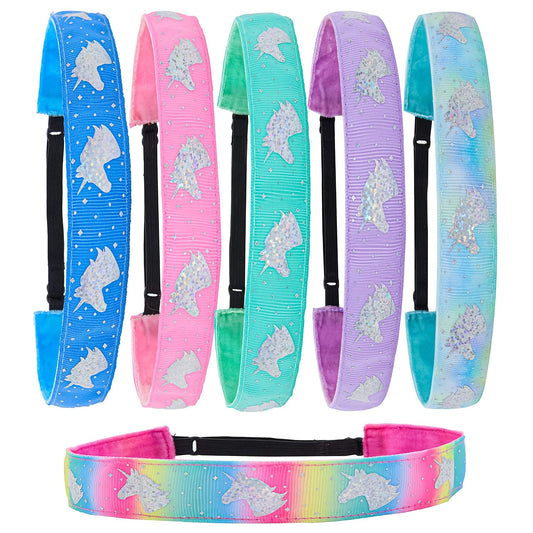 FROG SAC Headbands for Girls - 6 Adjustable No Slip Head Bands for Kids, Athletic Sport Hair Bands for Women, Stretch Elastic Headband, Fabric Hair Accessories for Children (Unicorn)