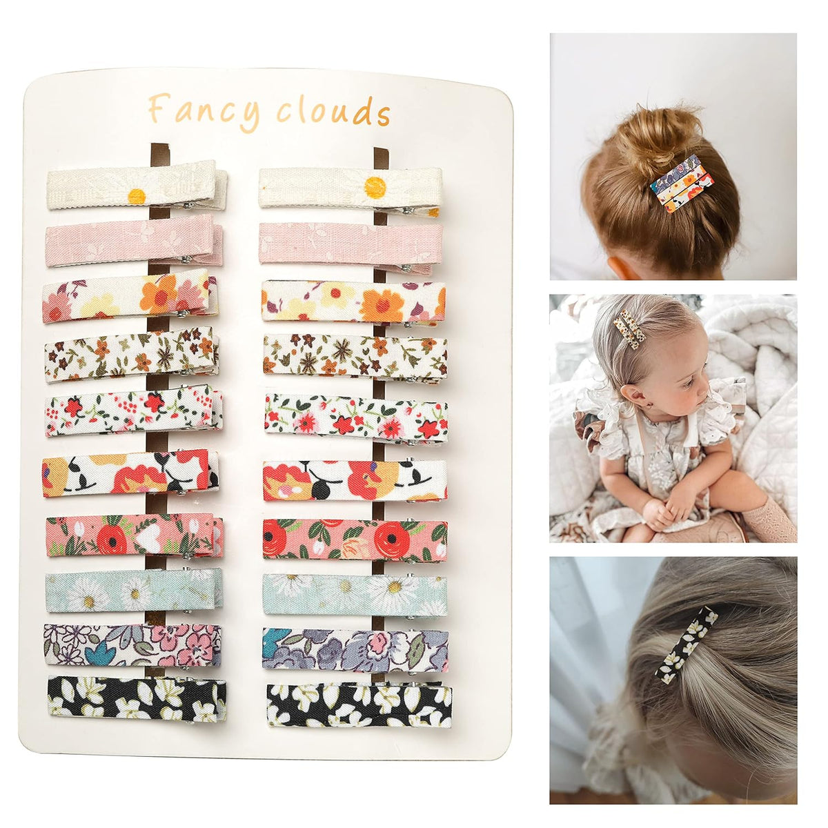FANCY CLOUDS Hair Clips for Girls Women Toddler Baby,Assorted 20Pcs Flower Fabric Fully Lined Small Alligator Clips Hair Accessories for Teens Child Kids Gifts