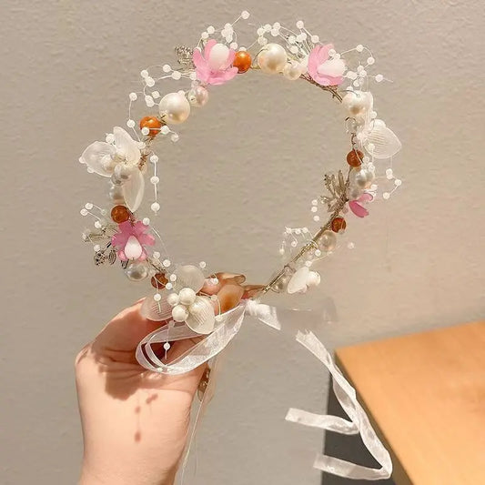 Girls' Sweet Snowflake Design Princess Flower Crown Hair Accessory - Acrylic, Nature-Infused [Blue] Pearl Garland, [Pink] Pearl Garland, Ribbon Tie Headpieces/Tiara for Fairy Party Princess Look