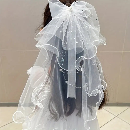 Kids' Polyester Plain Cute Mesh Bow Veil Hair Accessories - One Size Princess Aesthetic Set, Elegant Durable Fairytale Clip/Pin for Girls' Party, Wedding Photography