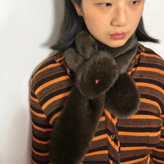 Women's Cartoonish Cute Rabbit Modelling Mock Mink Hair Warm Scarf - 85x10cm, One Size Home Decor Statue Accessory with Warmth, Black White Accent