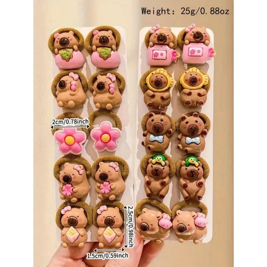 Capybara Animal Faces Hair Ties Pack, 10-20 Pcs Cute Soft High-Stretch Non-Damaging Colorful Elastic Cute Hair Accessories for Girls, Year-Round Daily Wear & Styling